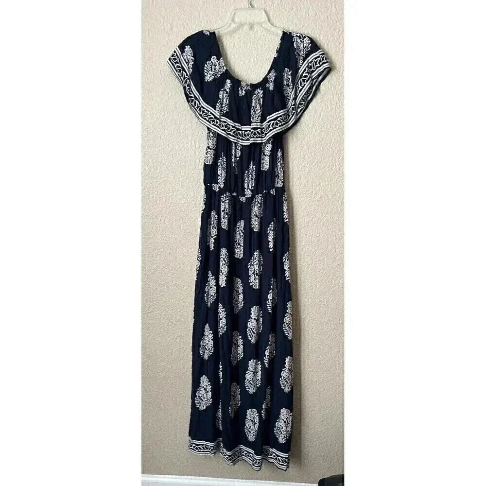 Kori America Womens Navy Blue Floral Off The Shoulder Maxi Dress Size S - Picture 2 of 12